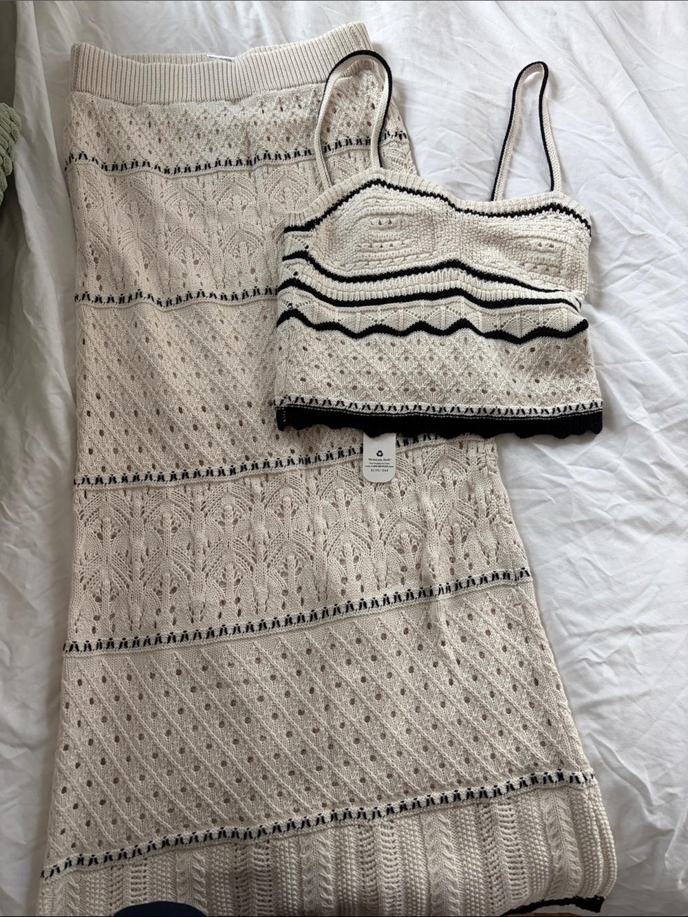 Cream Knit Two-Piece Set with Black Trim - Crop Top & Skirt
